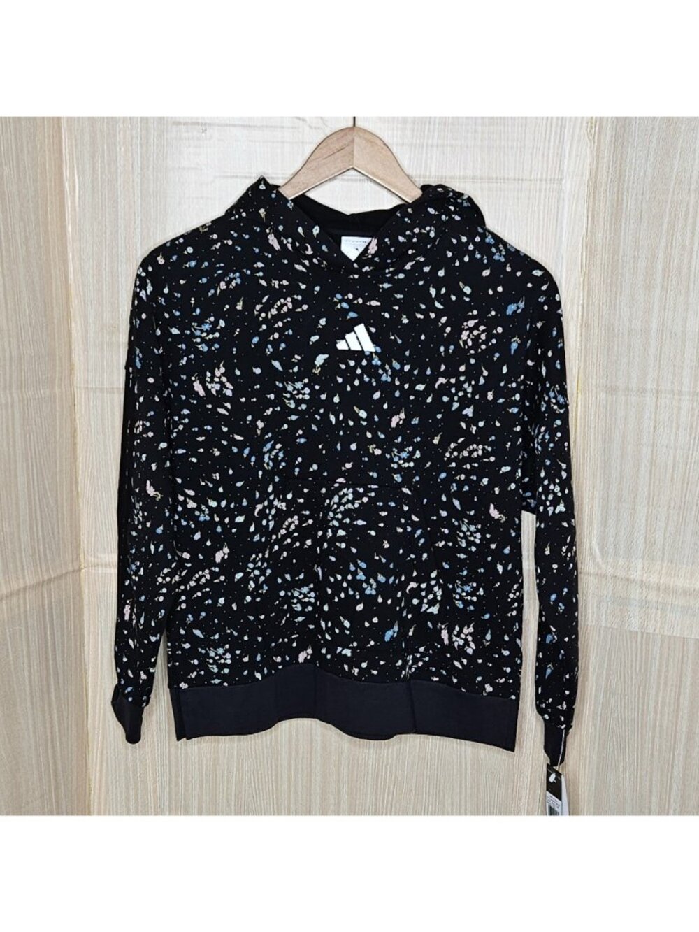 Adidas Girls Plus New Black Micro Floral Hooded Pullover Sweatshirt XL+